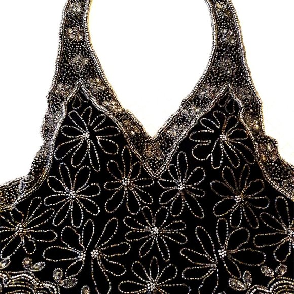 Holiday Black and Silver Beaded Halter Top Vintage Size Medium - Picture 6 of 8